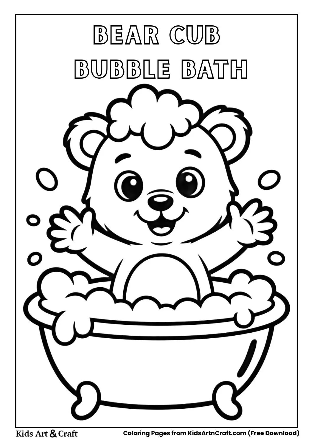 playful bear cub splashing in bubble bath coloring page