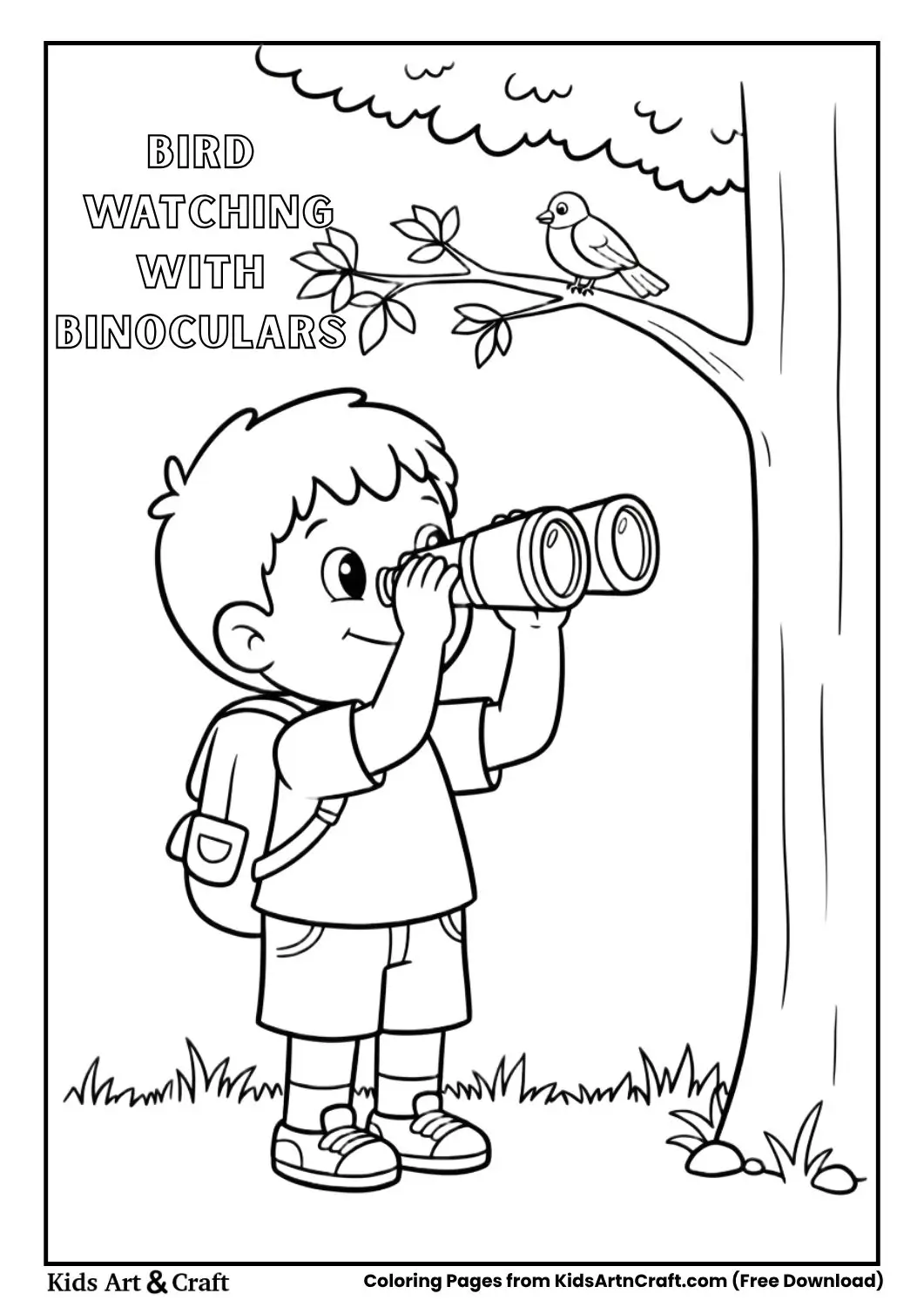 Child using binoculars to watch a bird on a tree coloring page