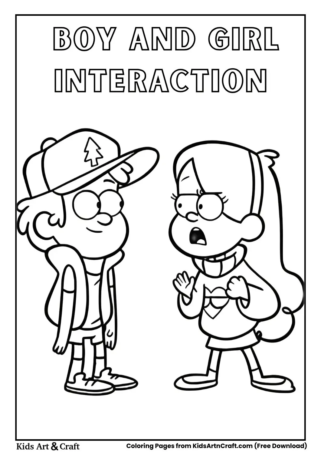 Cartoon boy and girl facing each other with surprised and calm expressions