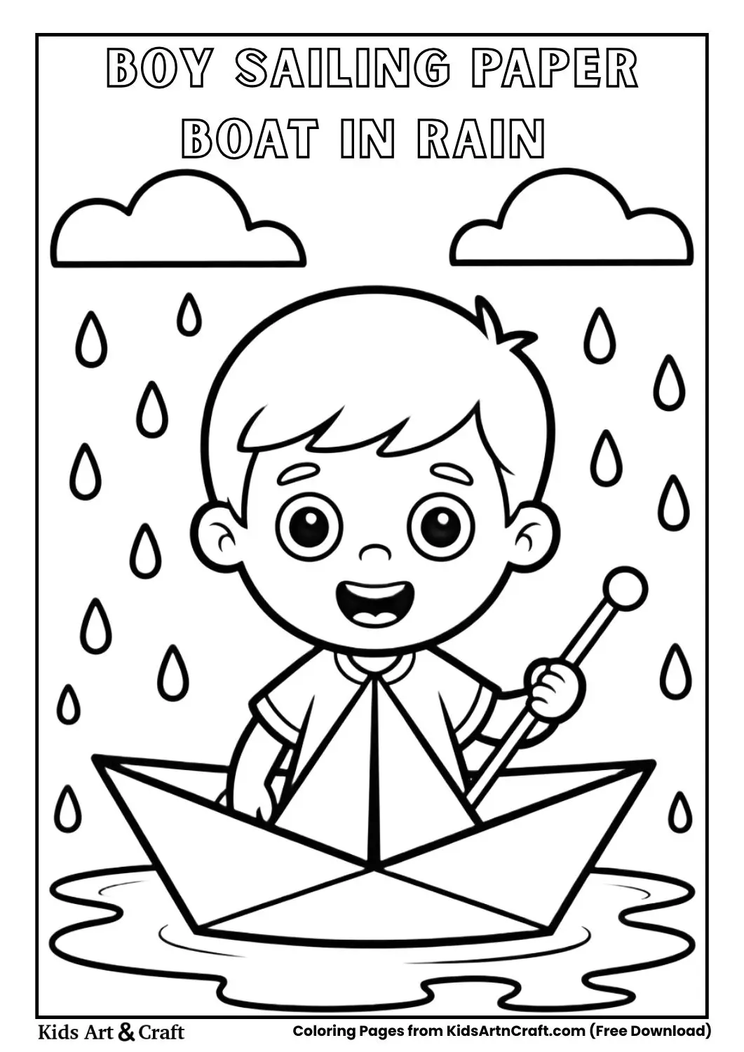 Child sailing paper boat in rain puddle coloring page.