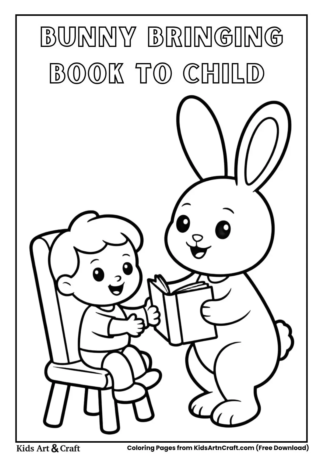 Cute bunny bringing a book to a resting child black and white coloring page