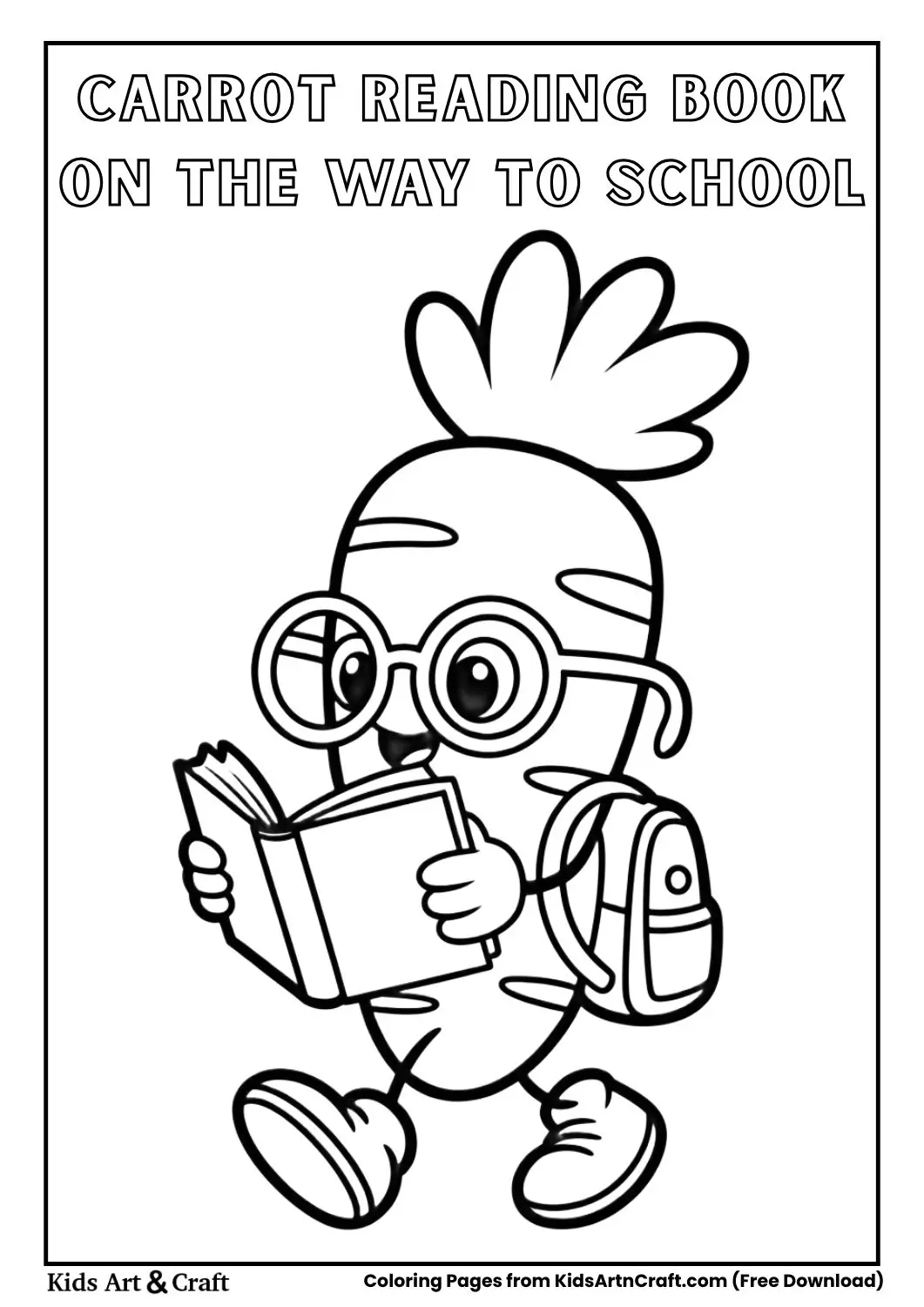 carrot character wearing glasses reading book while walking to school coloring page