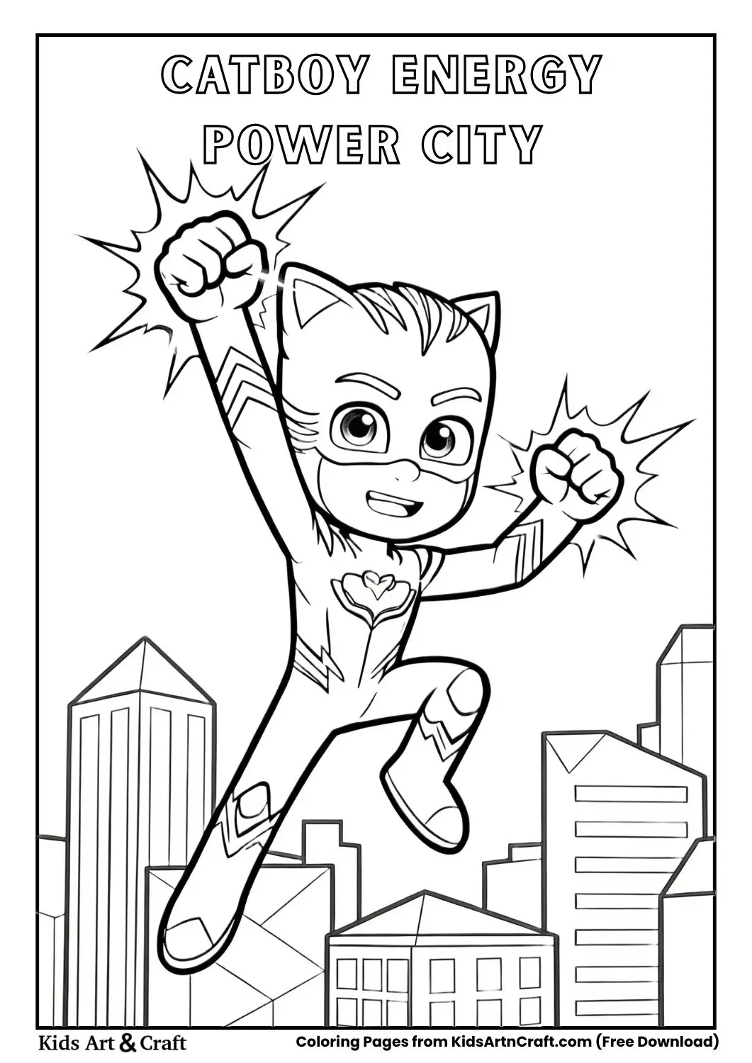 Catboy with energy effects and city background coloring page