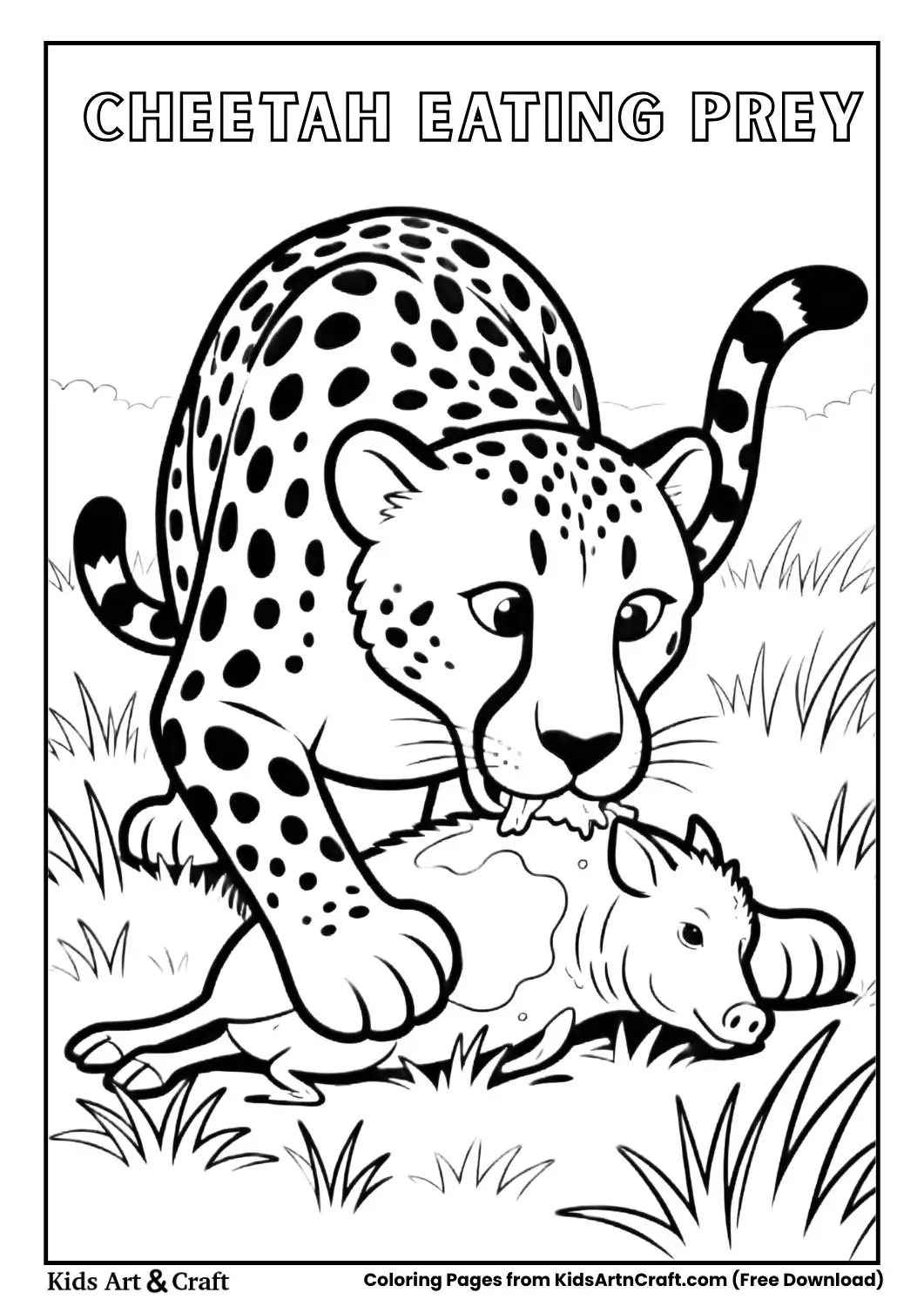 Cheetah eating prey grassland coloring page for kids