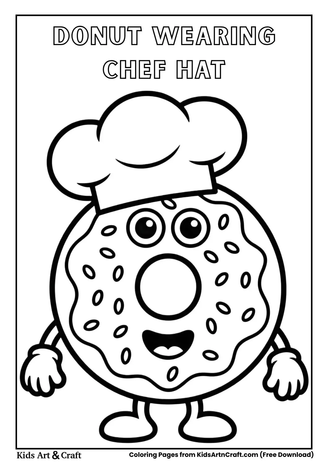 Cute donut wearing chef hat cartoon coloring page for kids