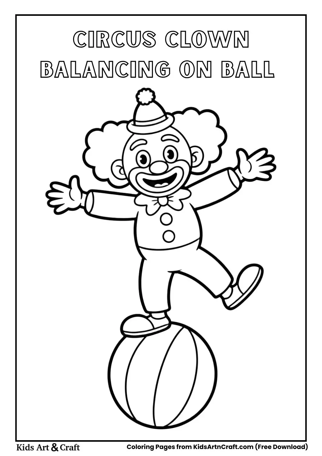 Black and white coloring page of a clown balancing on a large circus ball.