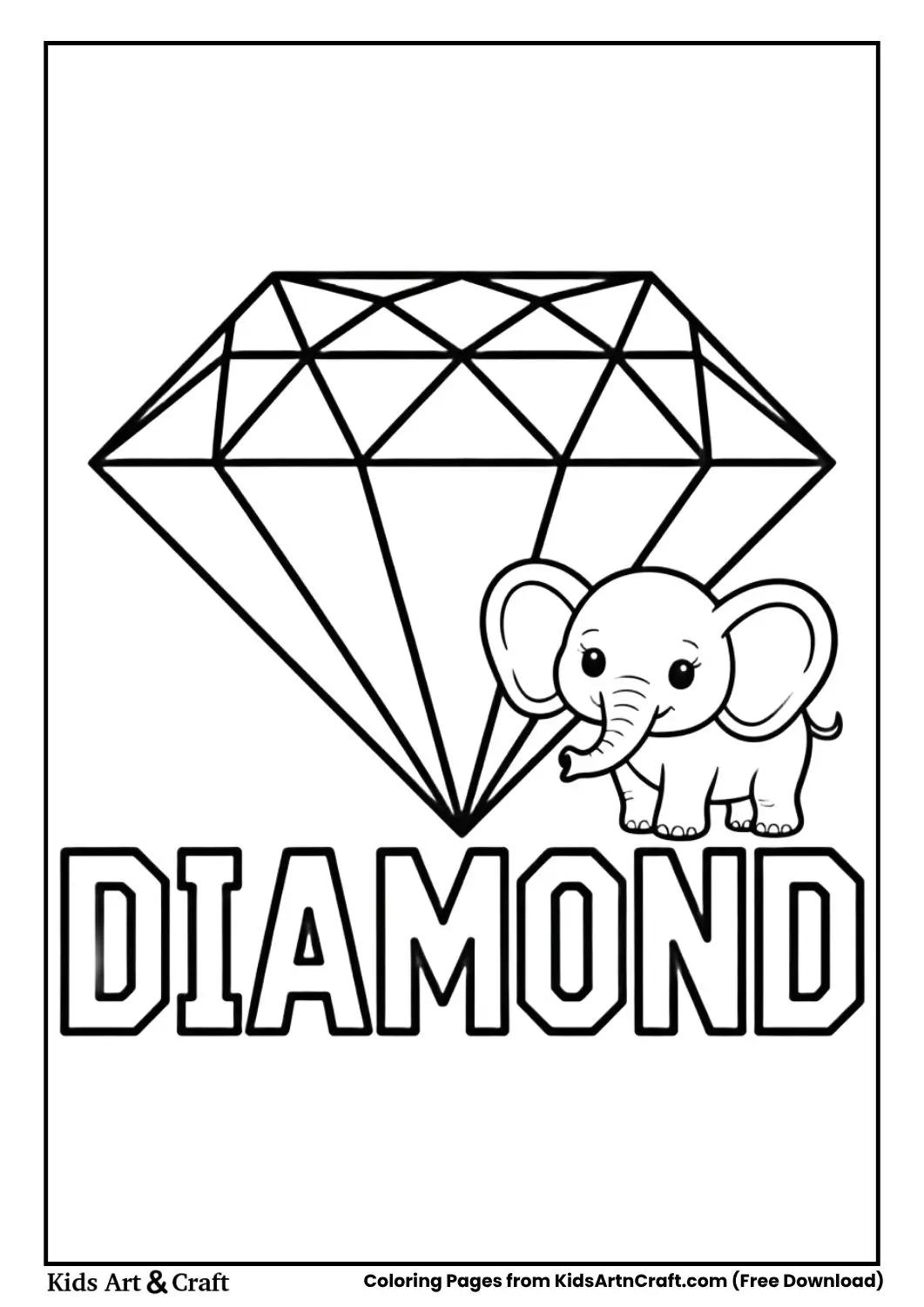 Easy diamond shape coloring page for kids with a cute elephant and the word diamond written below