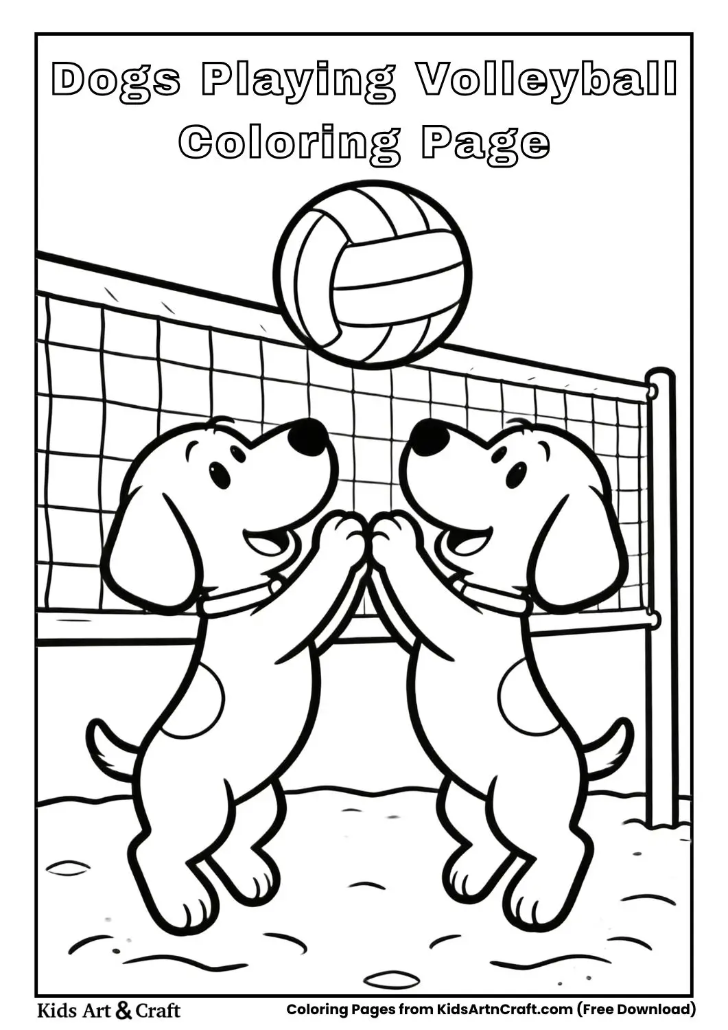 Black and white line drawing of cartoon dogs playing volleyball over a net