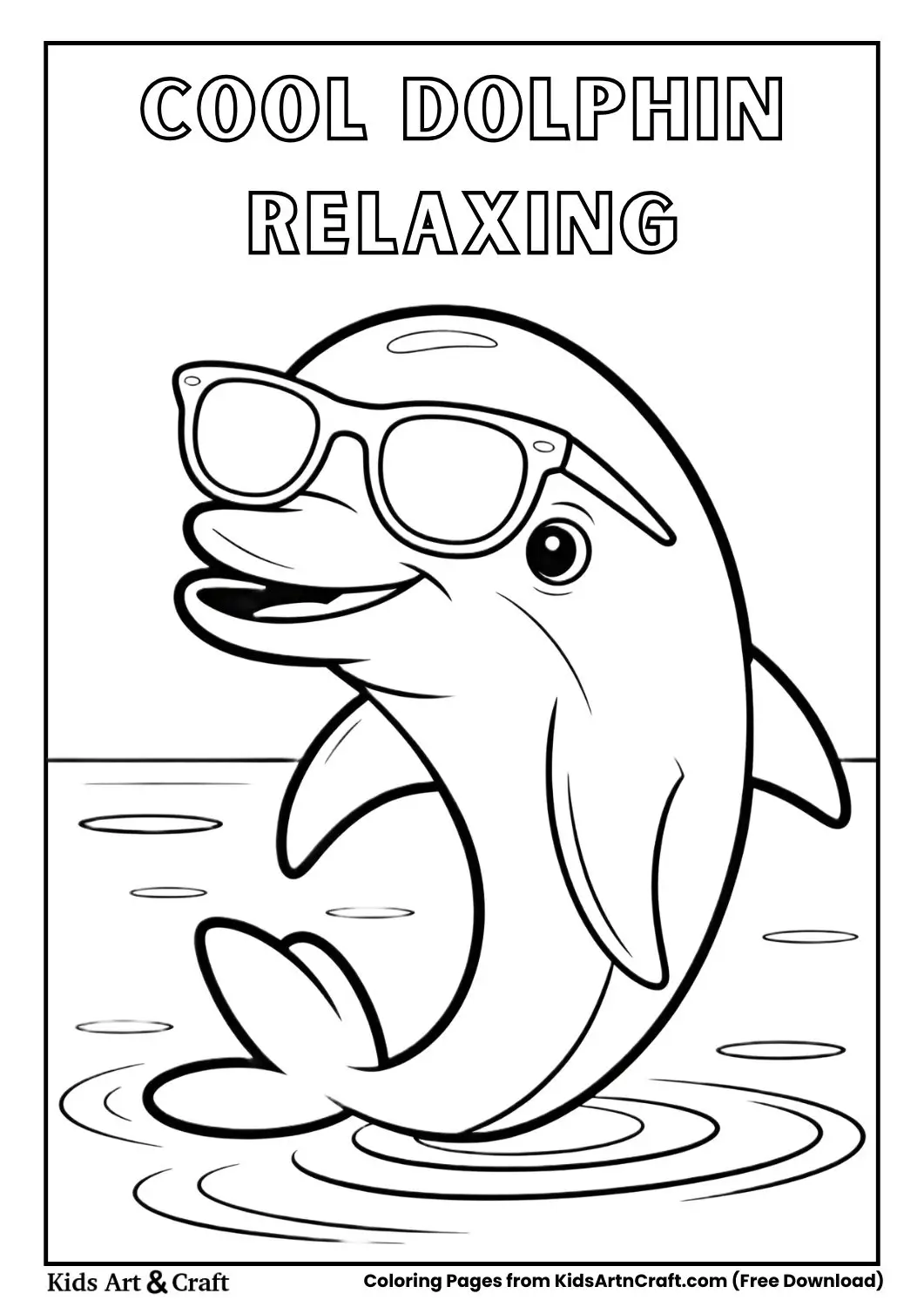 Dolphin wearing sunglasses relaxing on water coloring page