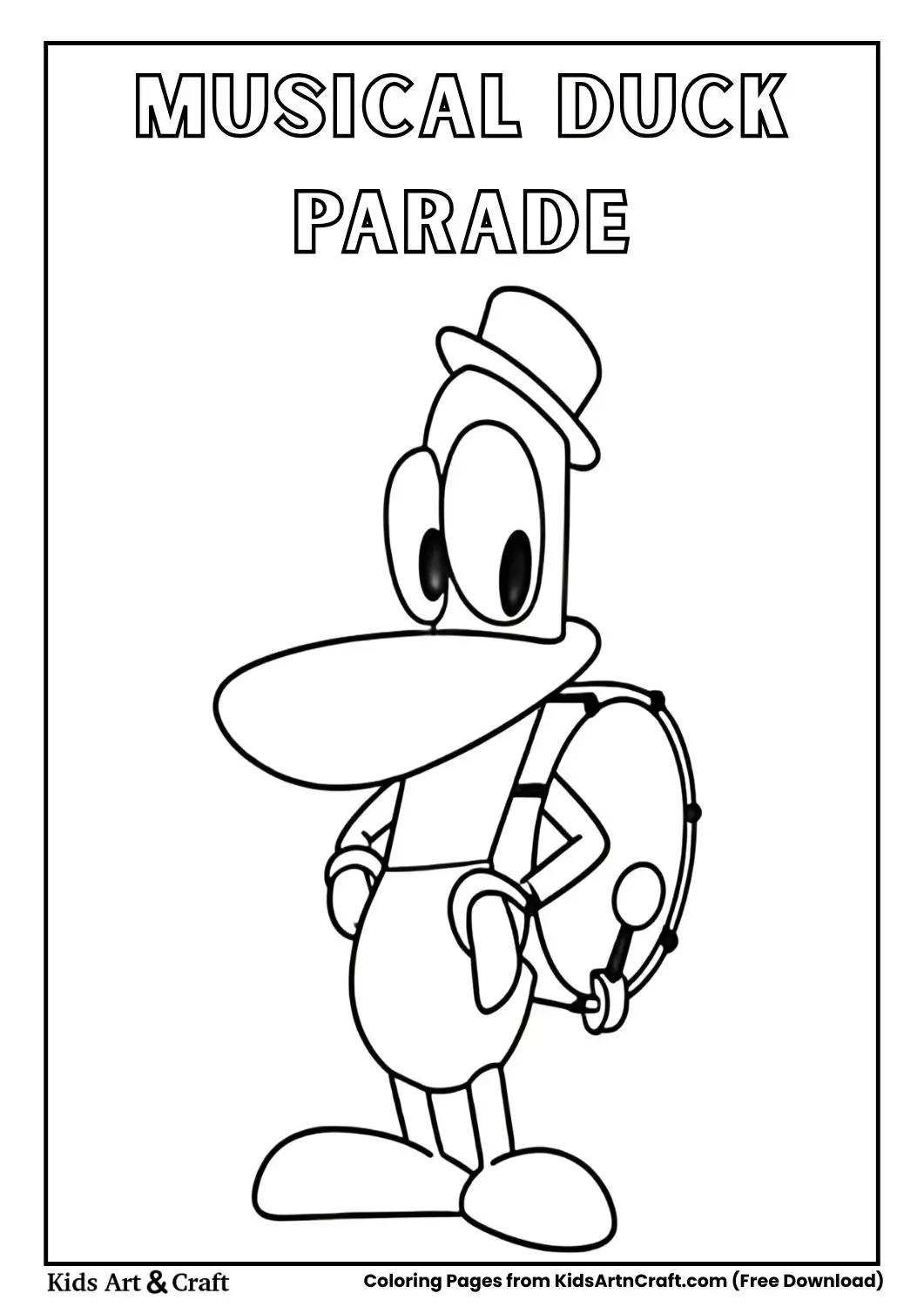 Cartoon duck wearing a top hat and carrying a drum