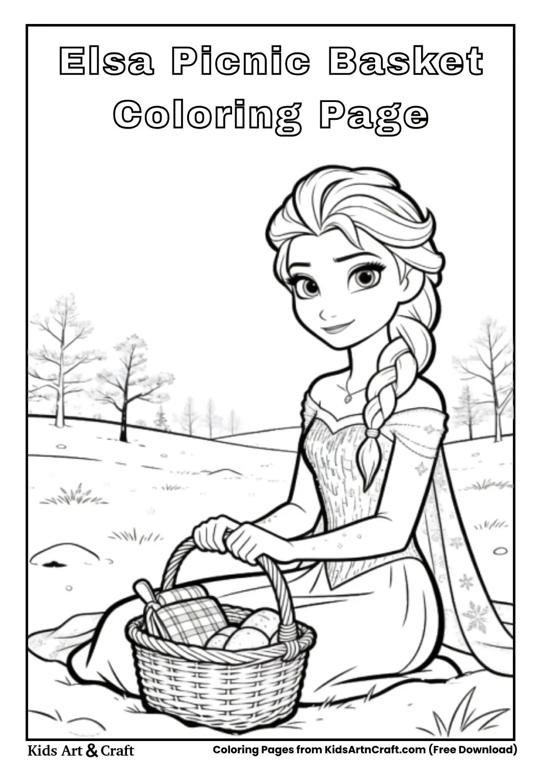 Elsa having a picnic with a picnic basket in a snowy meadow coloring page