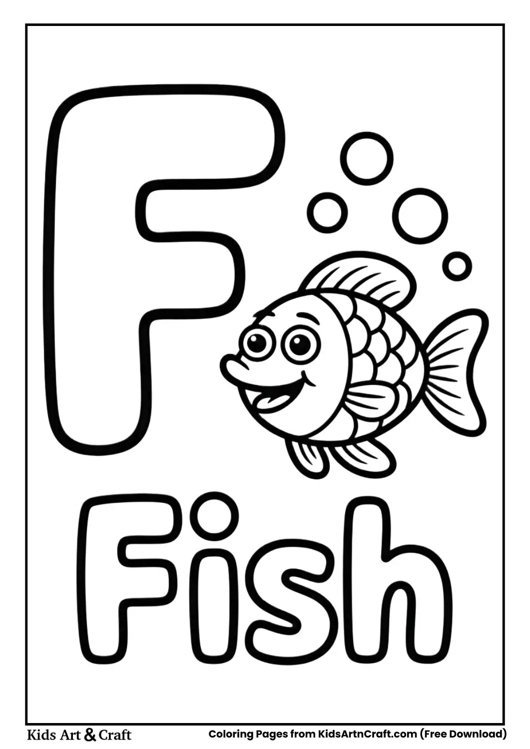 F for Fish coloring page with fish and bubbles illustration