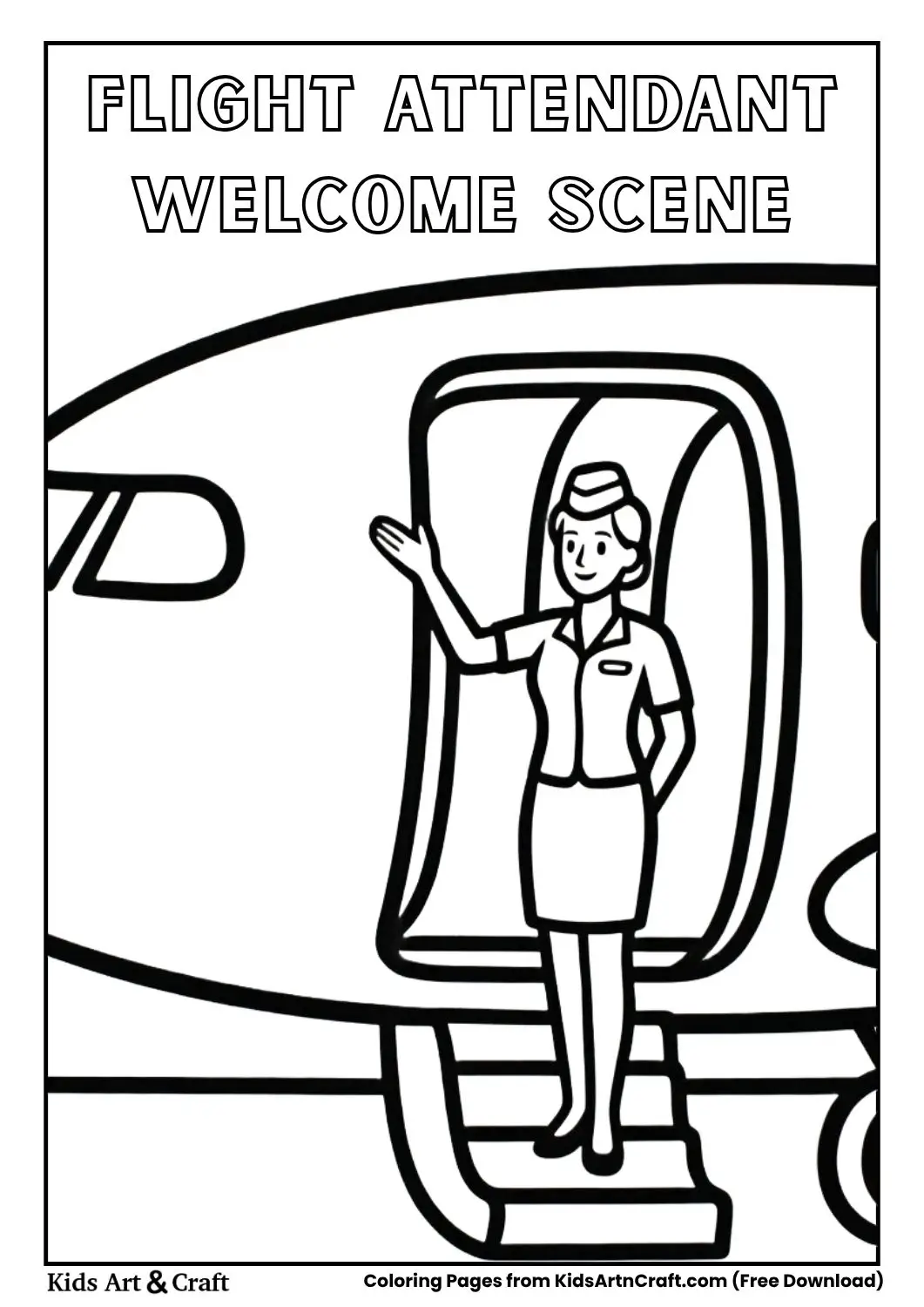 Flight attendant welcoming passengers at airplane door