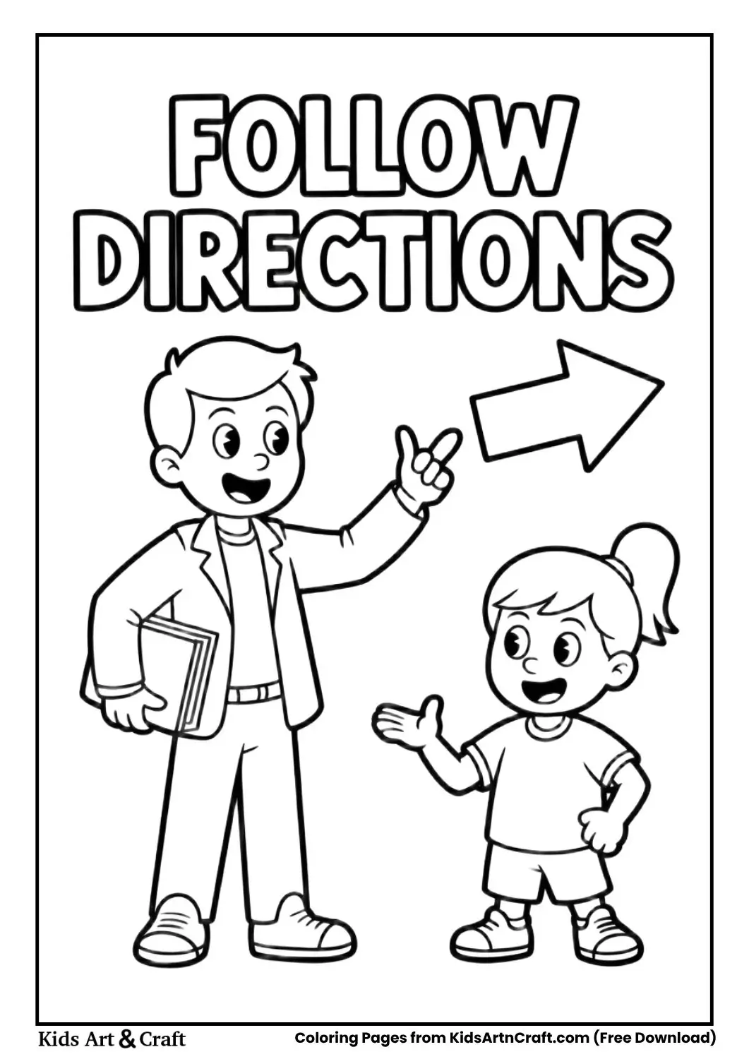 Teacher giving directions students following classroom rule coloring page