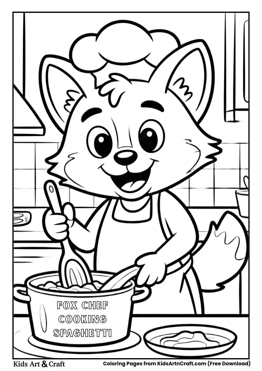 black and white coloring page of a fox stirring spaghetti sauce in a pot