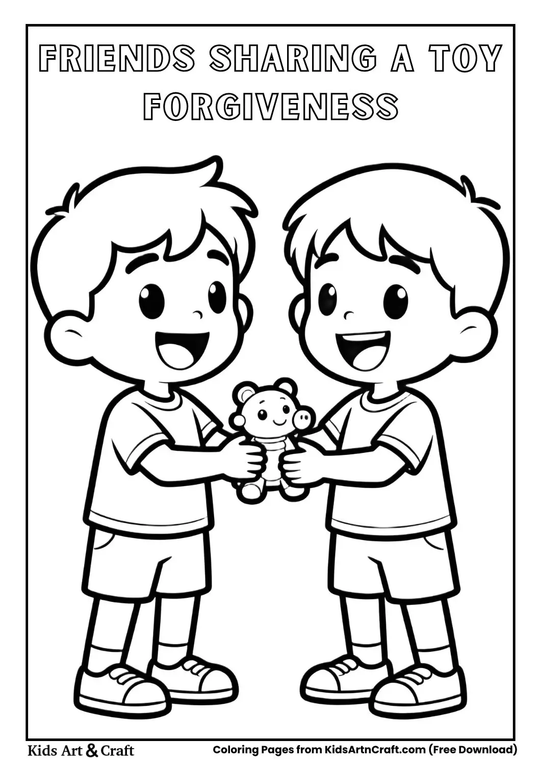 Two kids sharing toy after argument kids coloring page