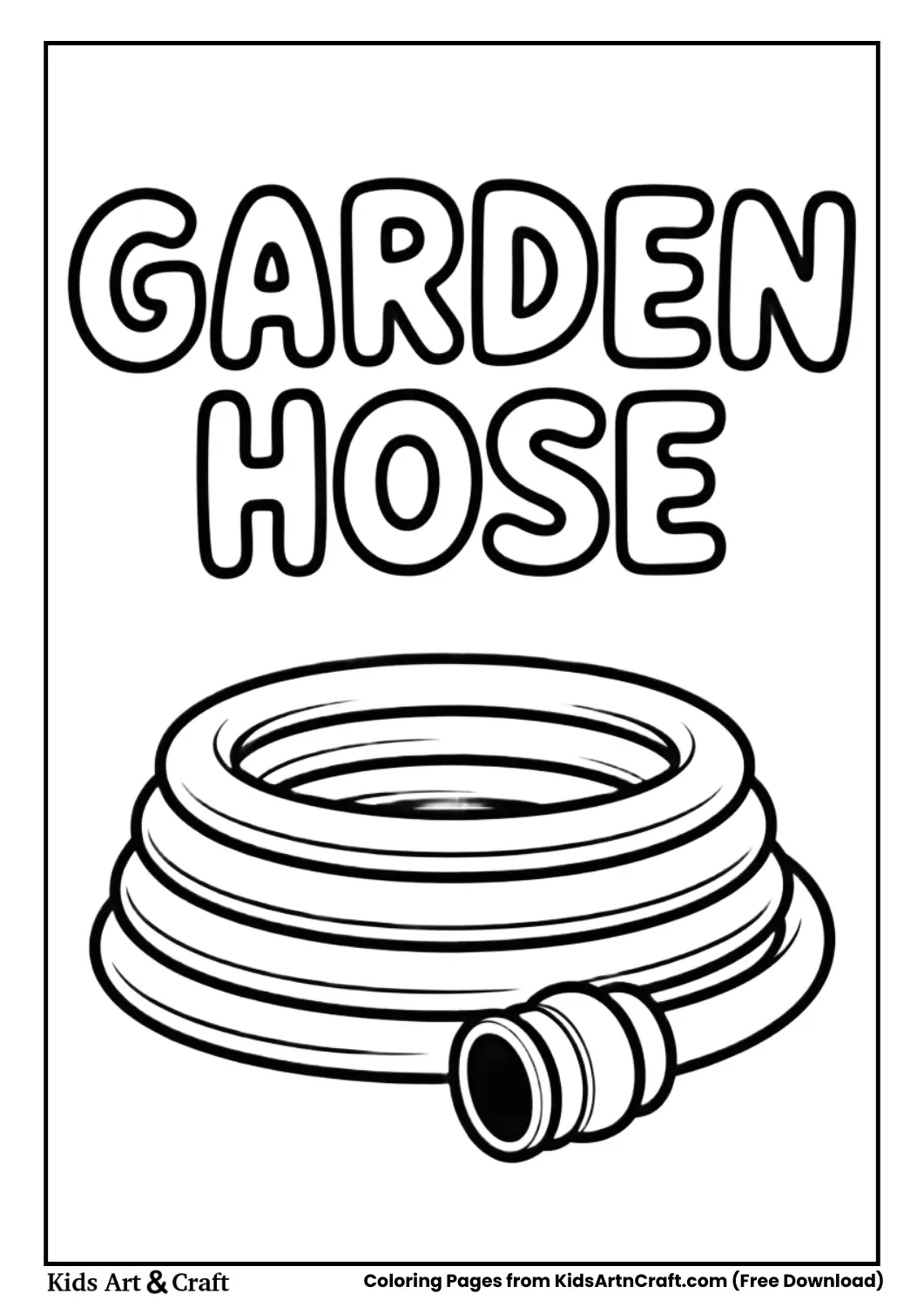 Black and white coiled garden hose coloring page with nozzle and bold lines
