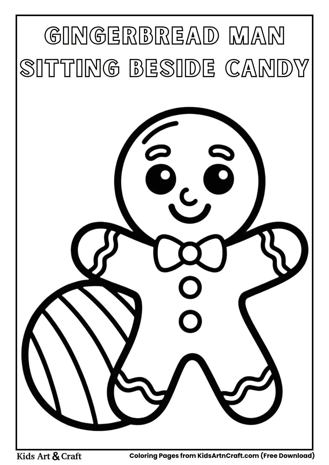 Gingerbread man sitting next to large candy simple coloring page