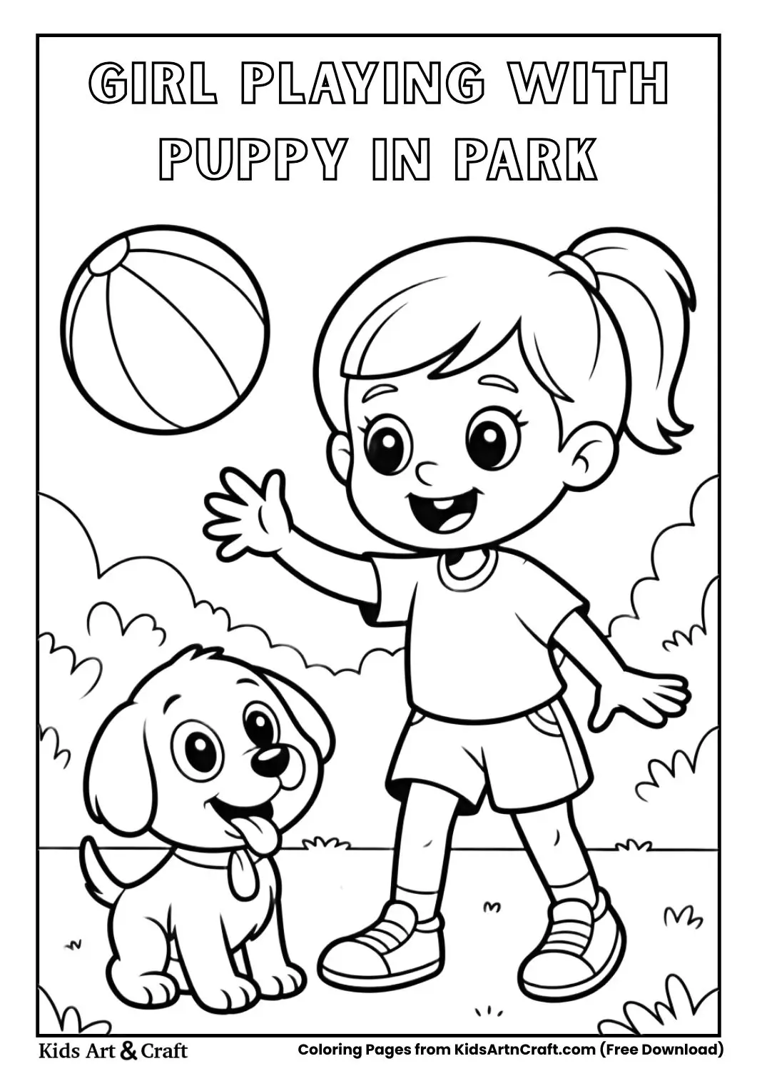 girl playing with puppy in park coloring page
