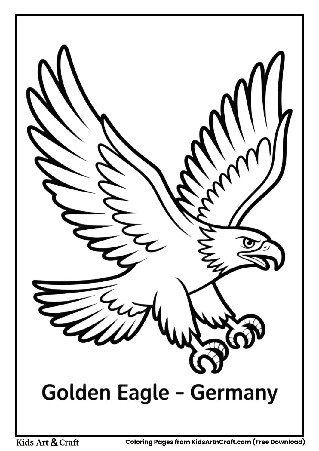 Simple black and white Golden Eagle flying with wings spread labeled Germany