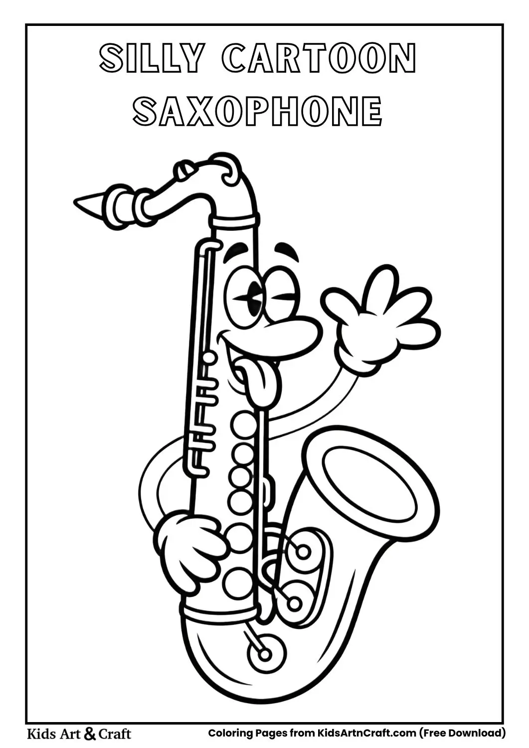 funny saxophone cartoon character with tongue out black and white coloring page