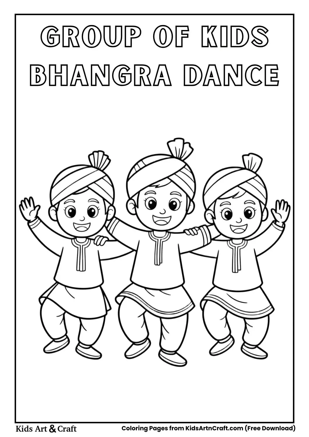 three kids dancing bhangra simple coloring sheet