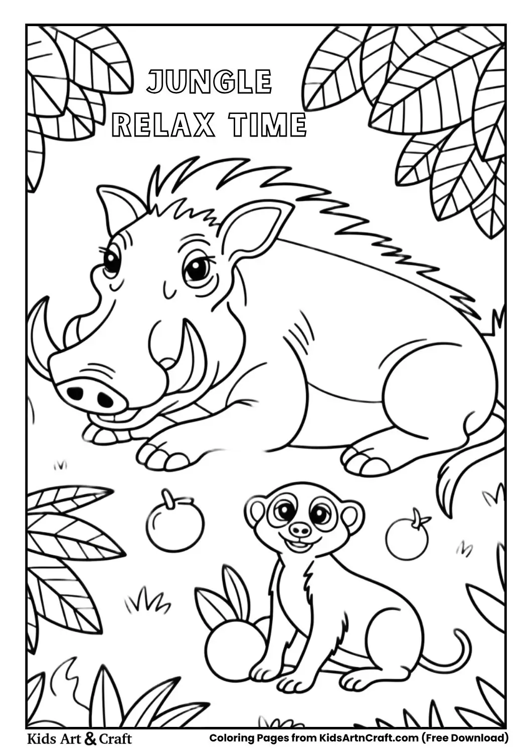 Relaxing warthog with meerkat eating fruit jungle coloring page