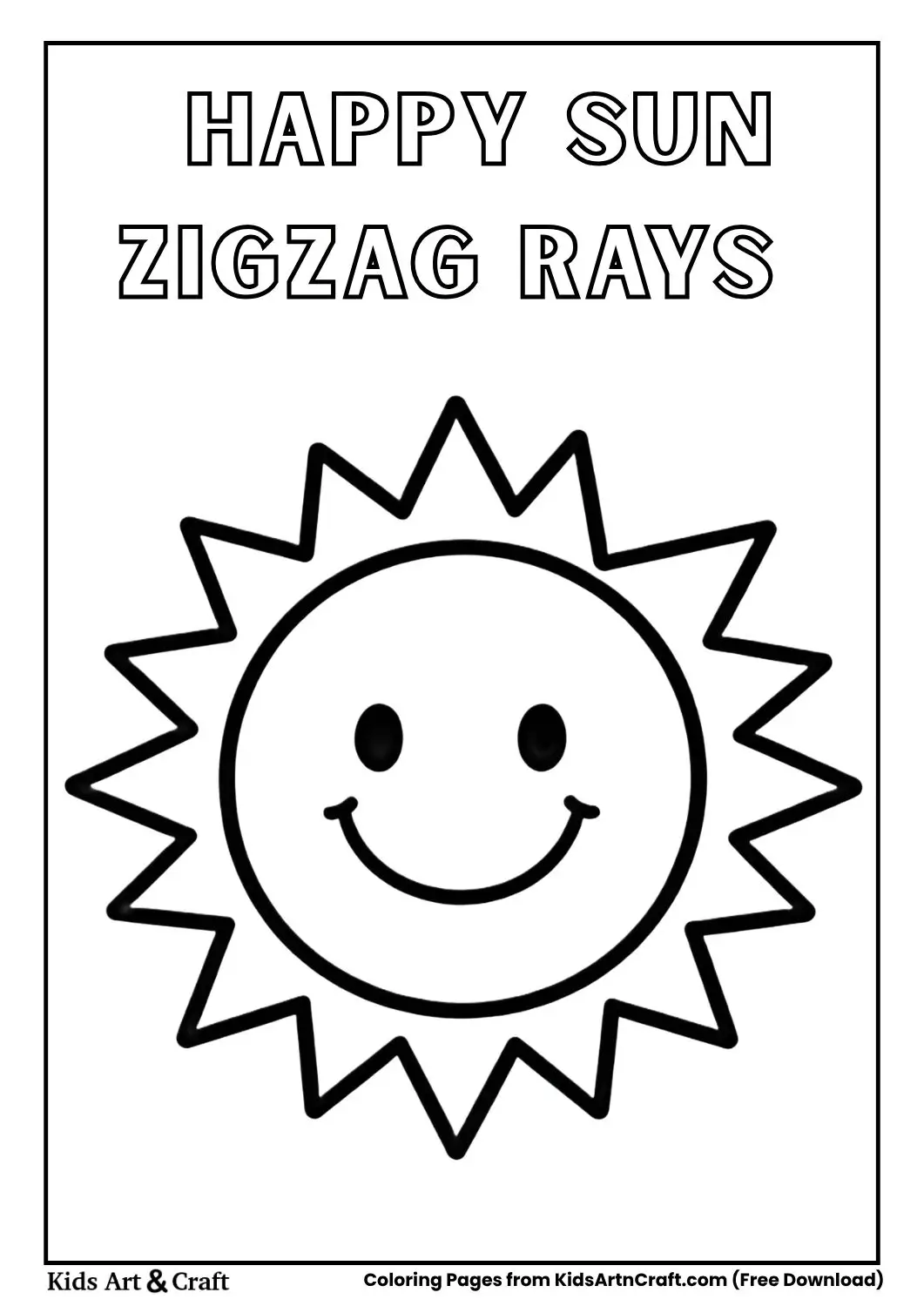 smiling sun with zigzag rays black and white coloring page for children