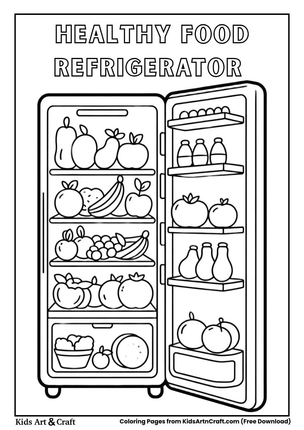 open refrigerator with healthy fruits and vegetables coloring page for kids