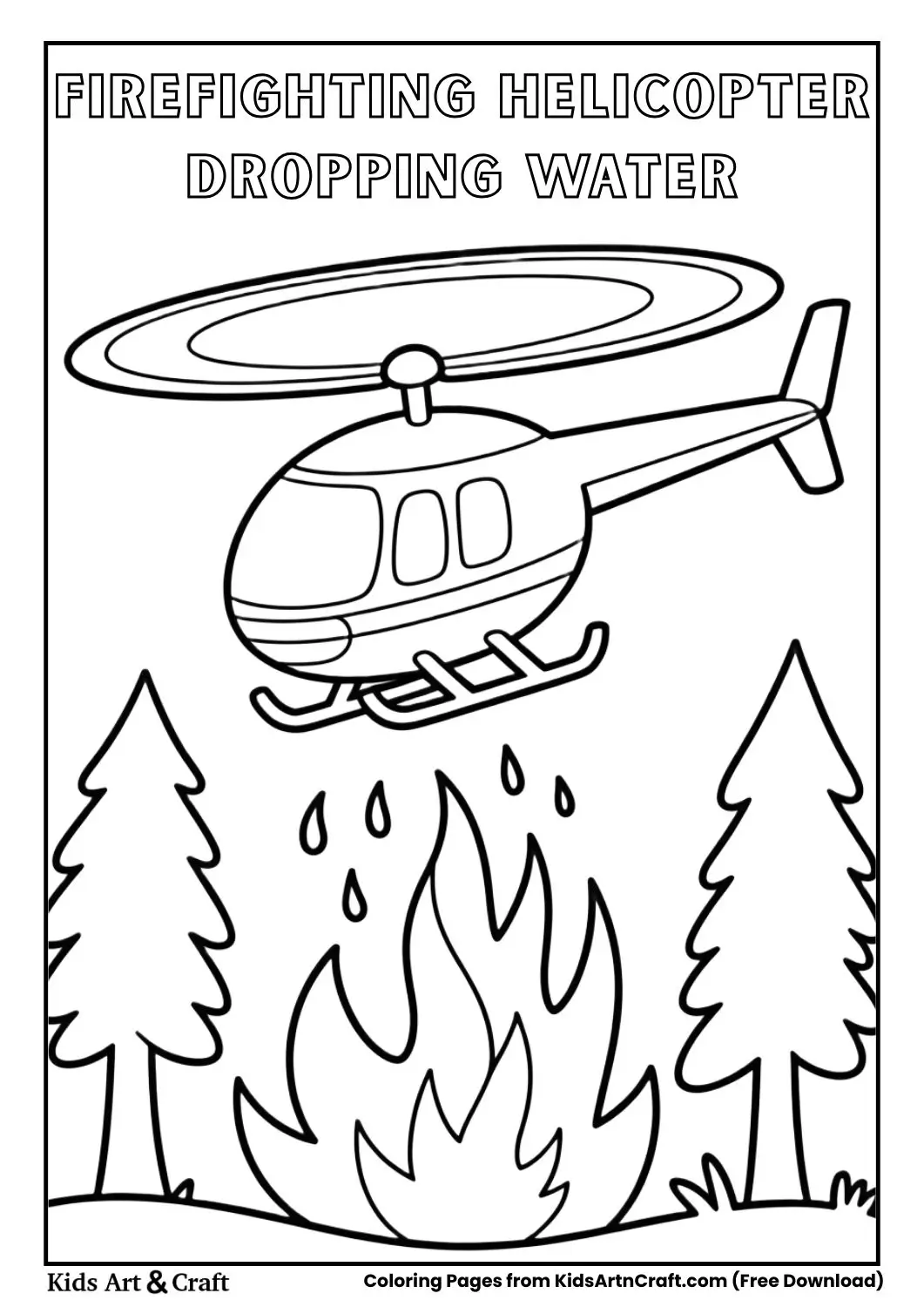 Helicopter dropping water on forest fire simple black and white coloring page