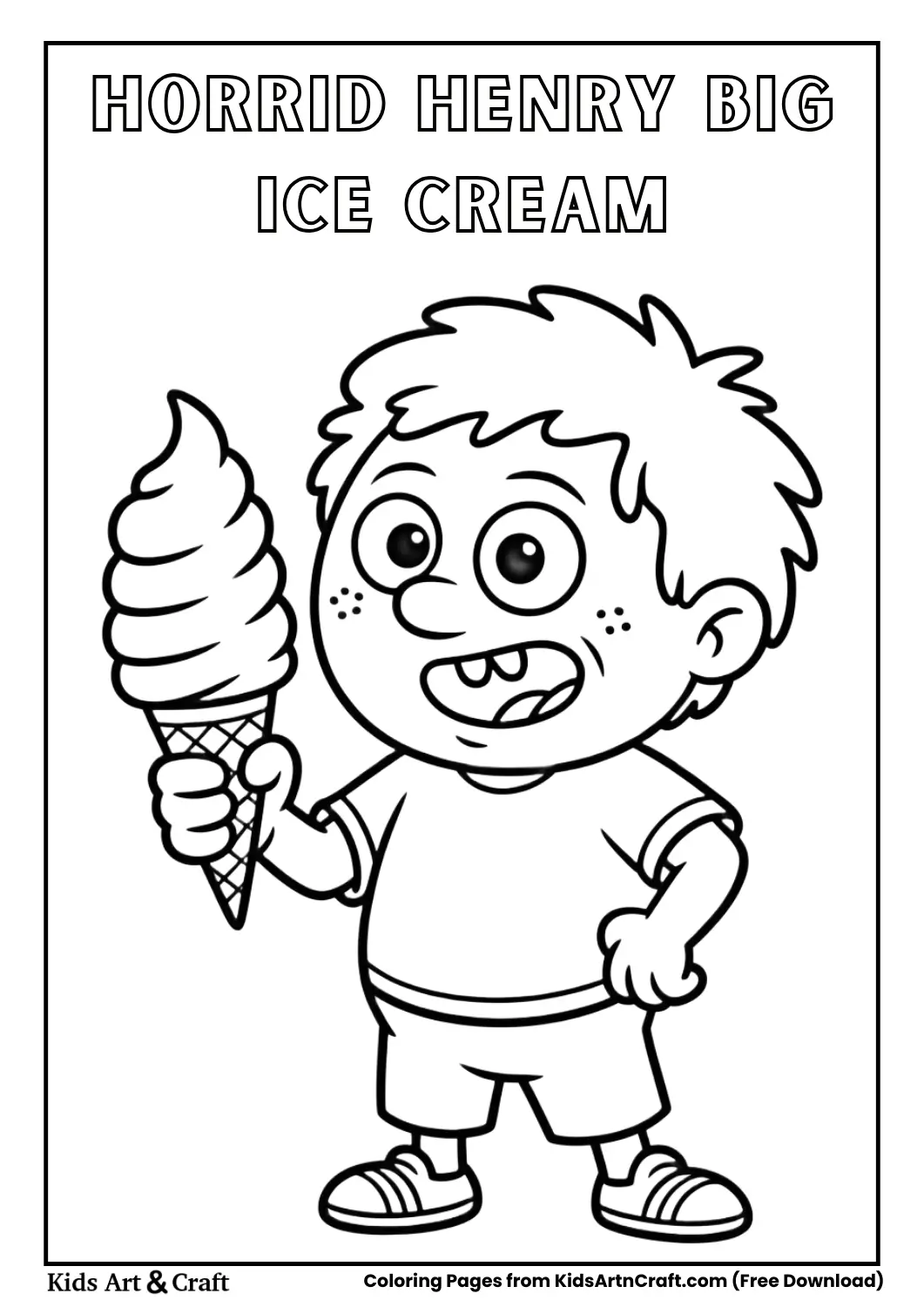 Horrid Henry holding a huge ice cream cone cartoon coloring page