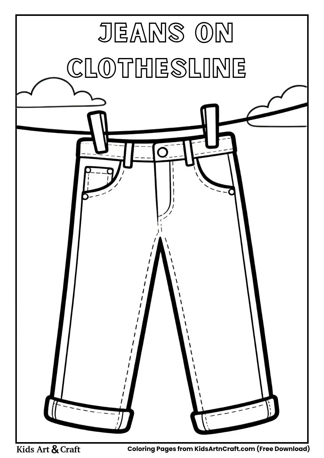 Pair of jeans hanging on clothesline minimal background coloring page