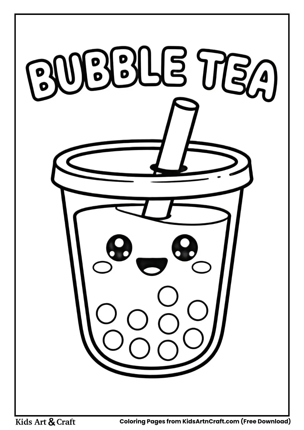 kawaii bubble tea cup with pearls smiling coloring page