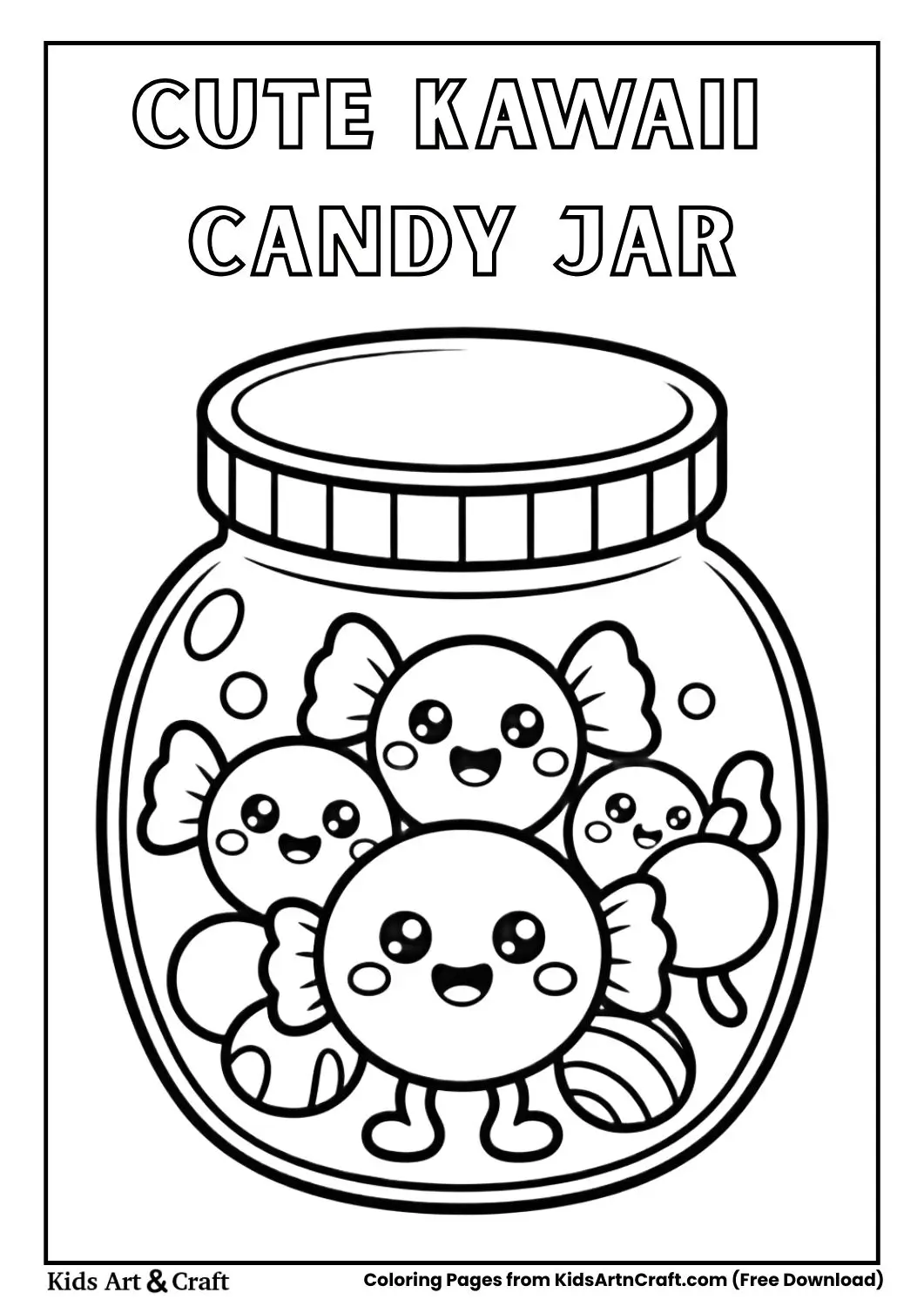 kawaii candy jar with smiling candies coloring page