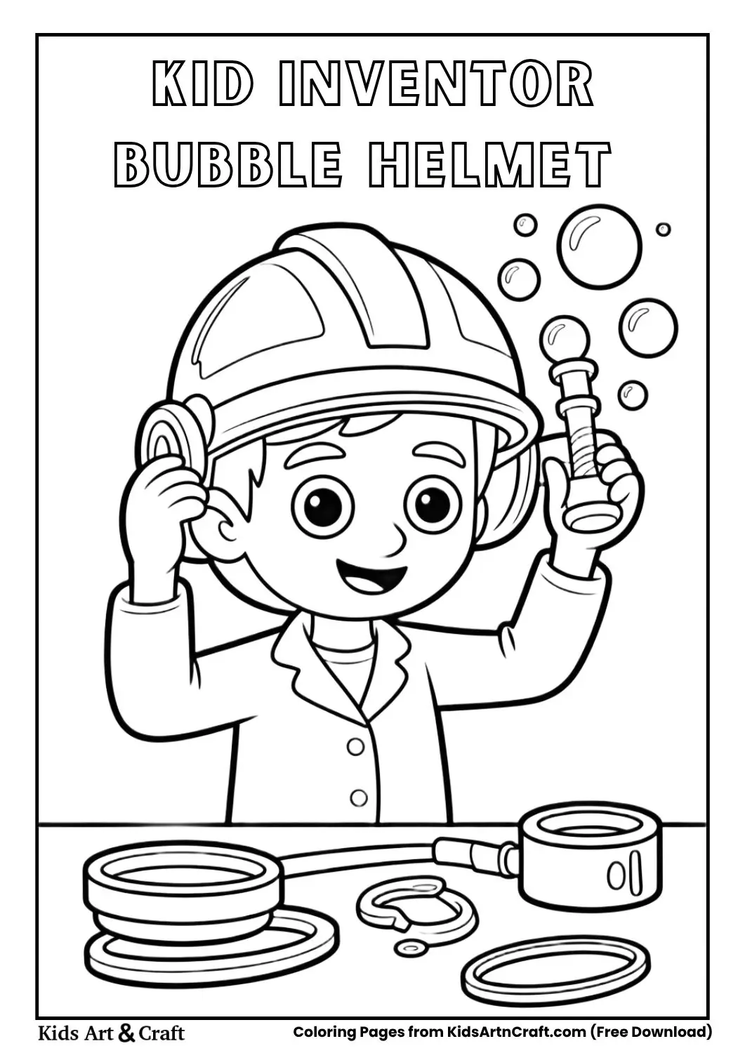 Little inventor making a bubble helmet coloring page for children