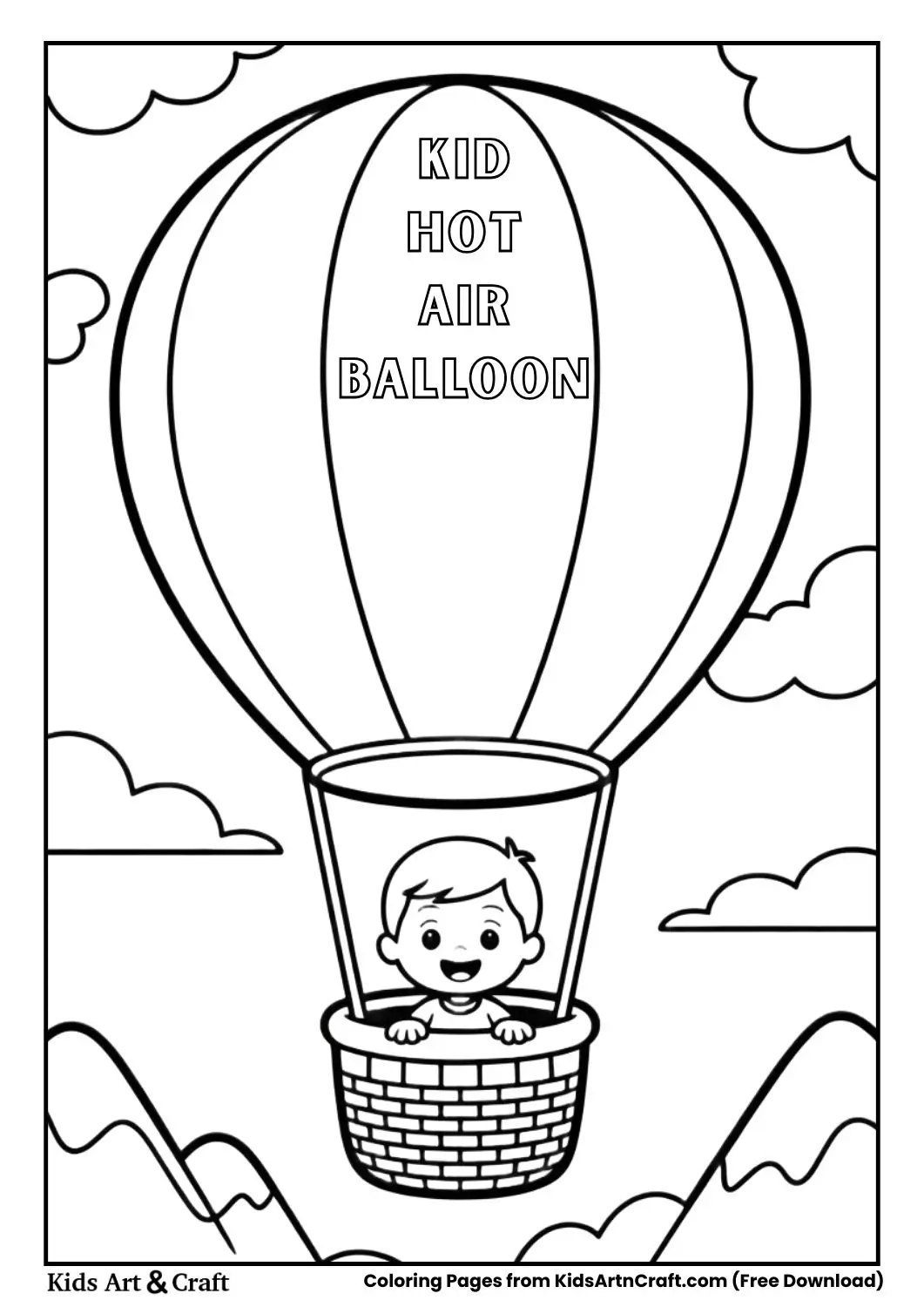 Kid riding in a hot air balloon basket floating above mountains coloring page.