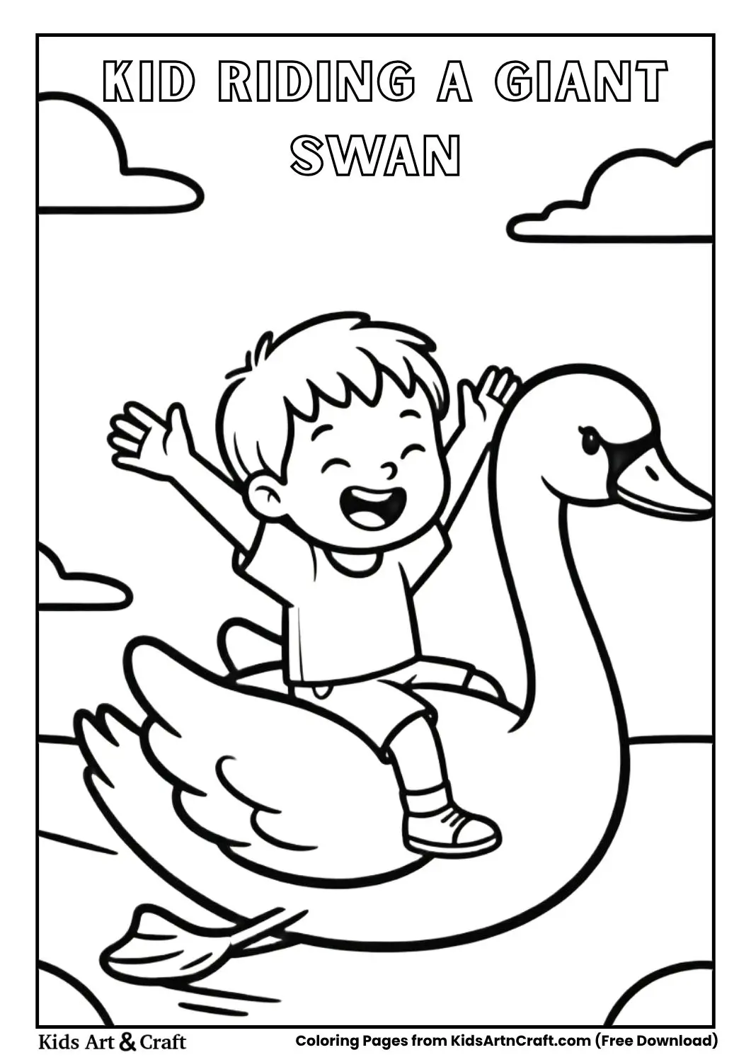 child riding giant swan coloring page simple black and white drawing