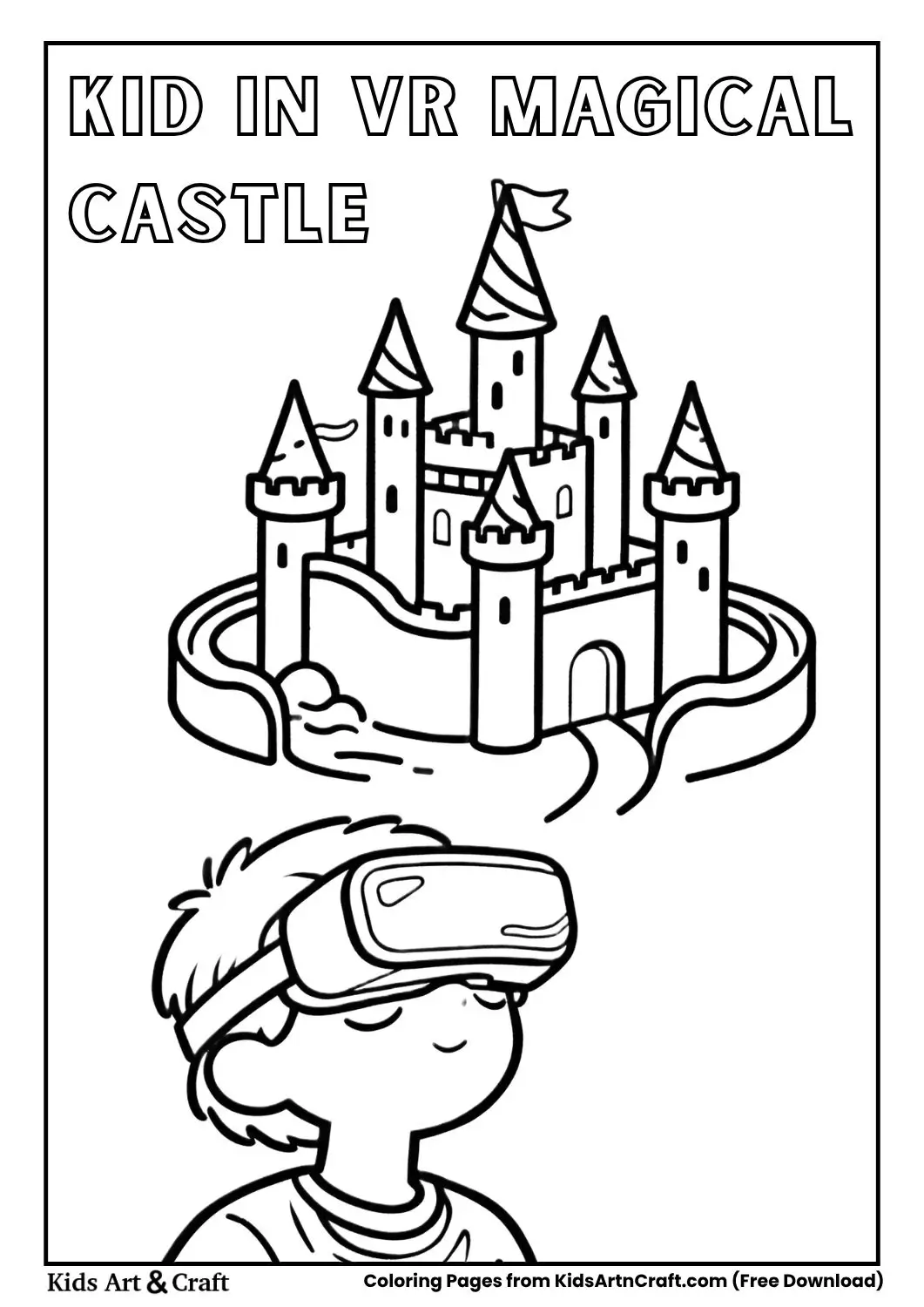 kid wearing VR headset imagining magical castle black and white coloring page
