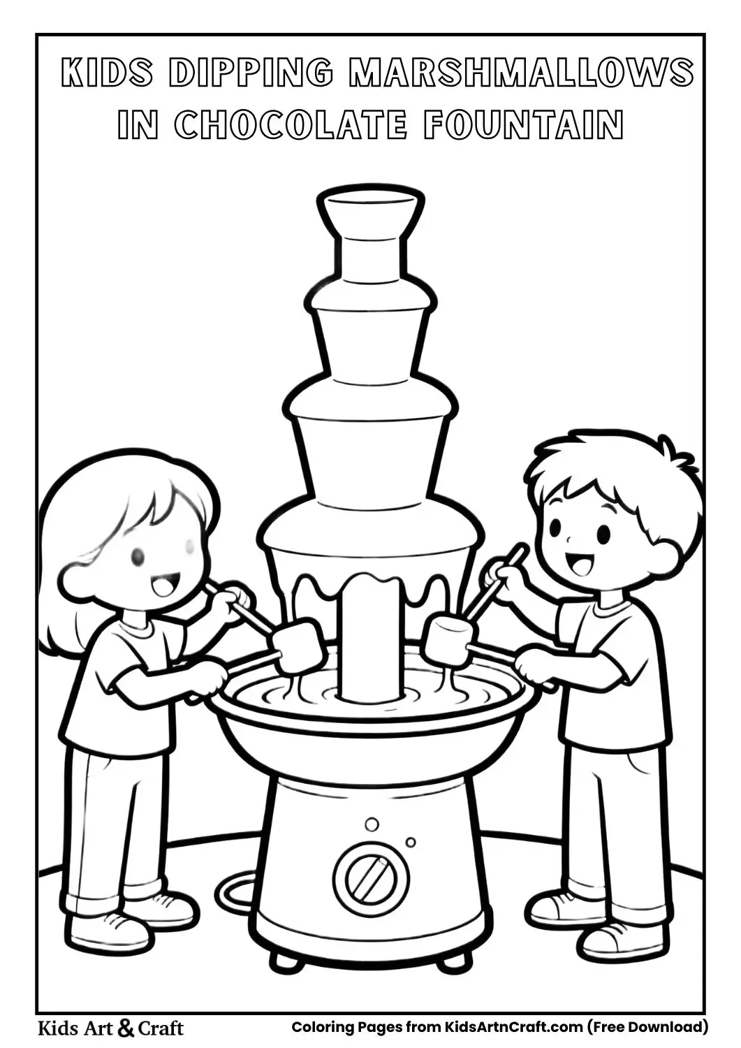 Kids dipping marshmallows in chocolate fountain coloring page