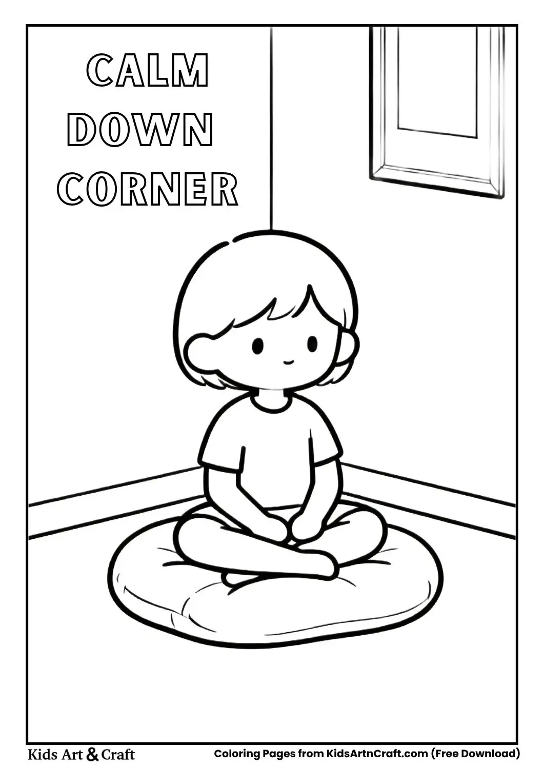 child sitting in calm down corner simple coloring page