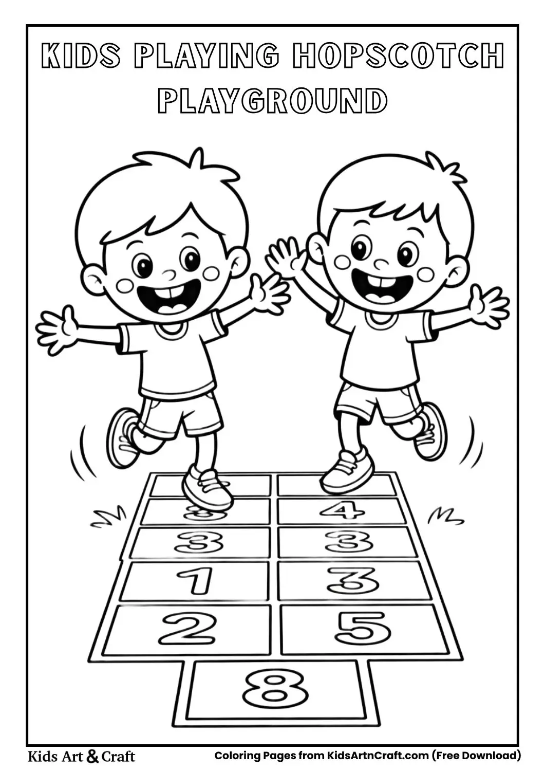 kids playing hopscotch in school playground coloring page