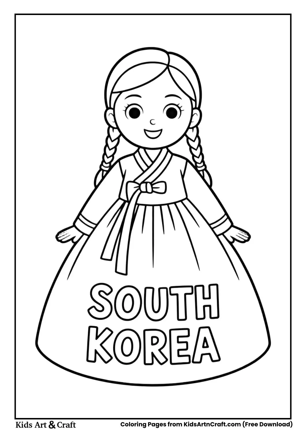 Girl wearing Korean Hanbok traditional dress coloring page with country name South Korea