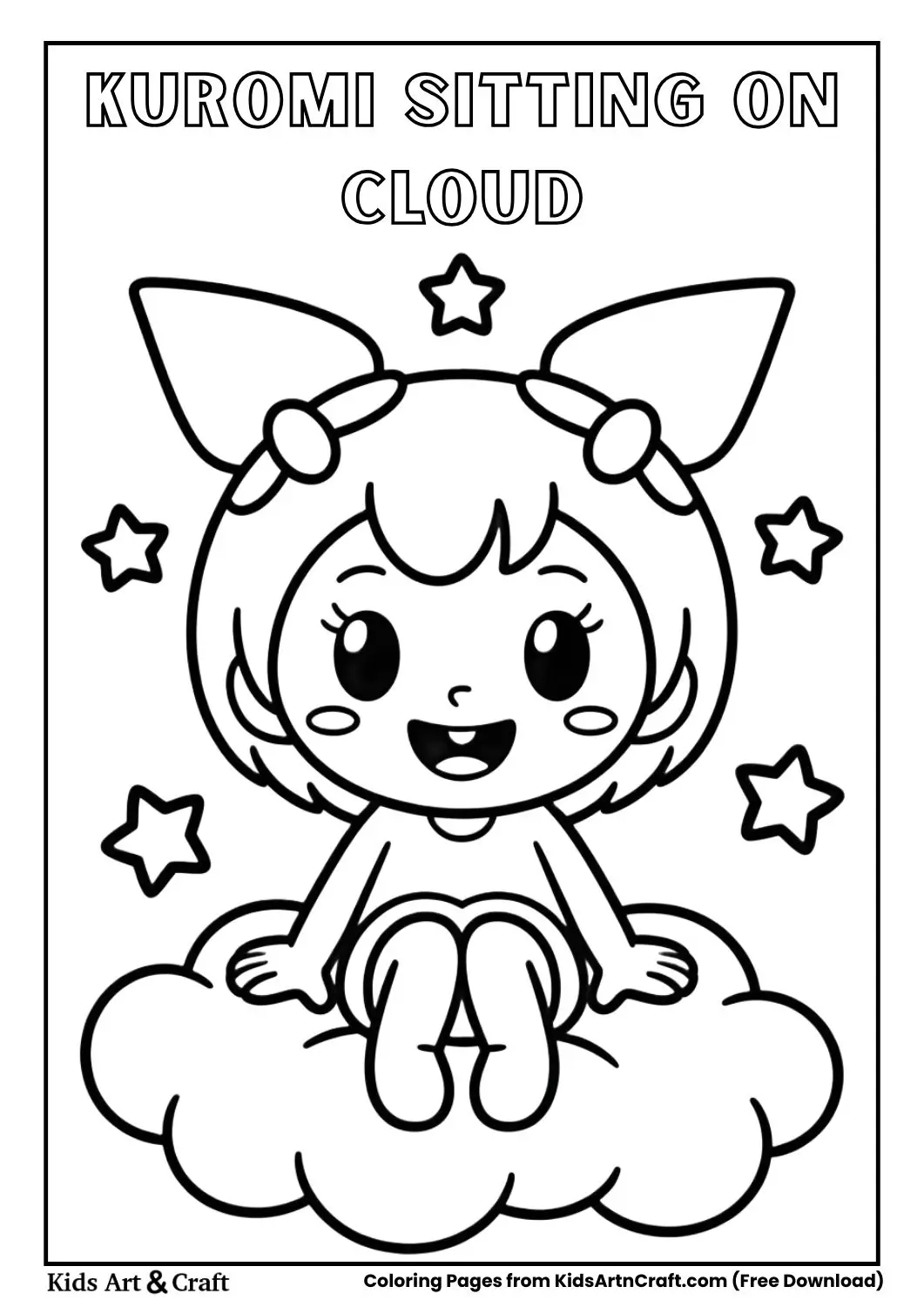 Kuromi sitting on a cloud with stars black and white coloring page