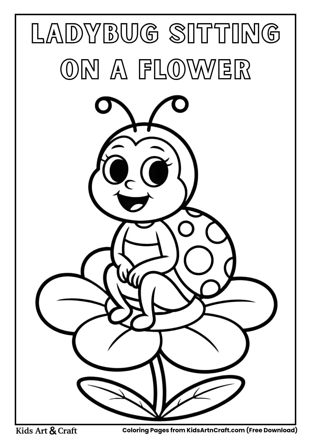 Simple cartoon ladybug sitting on a big flower with large petals coloring page.