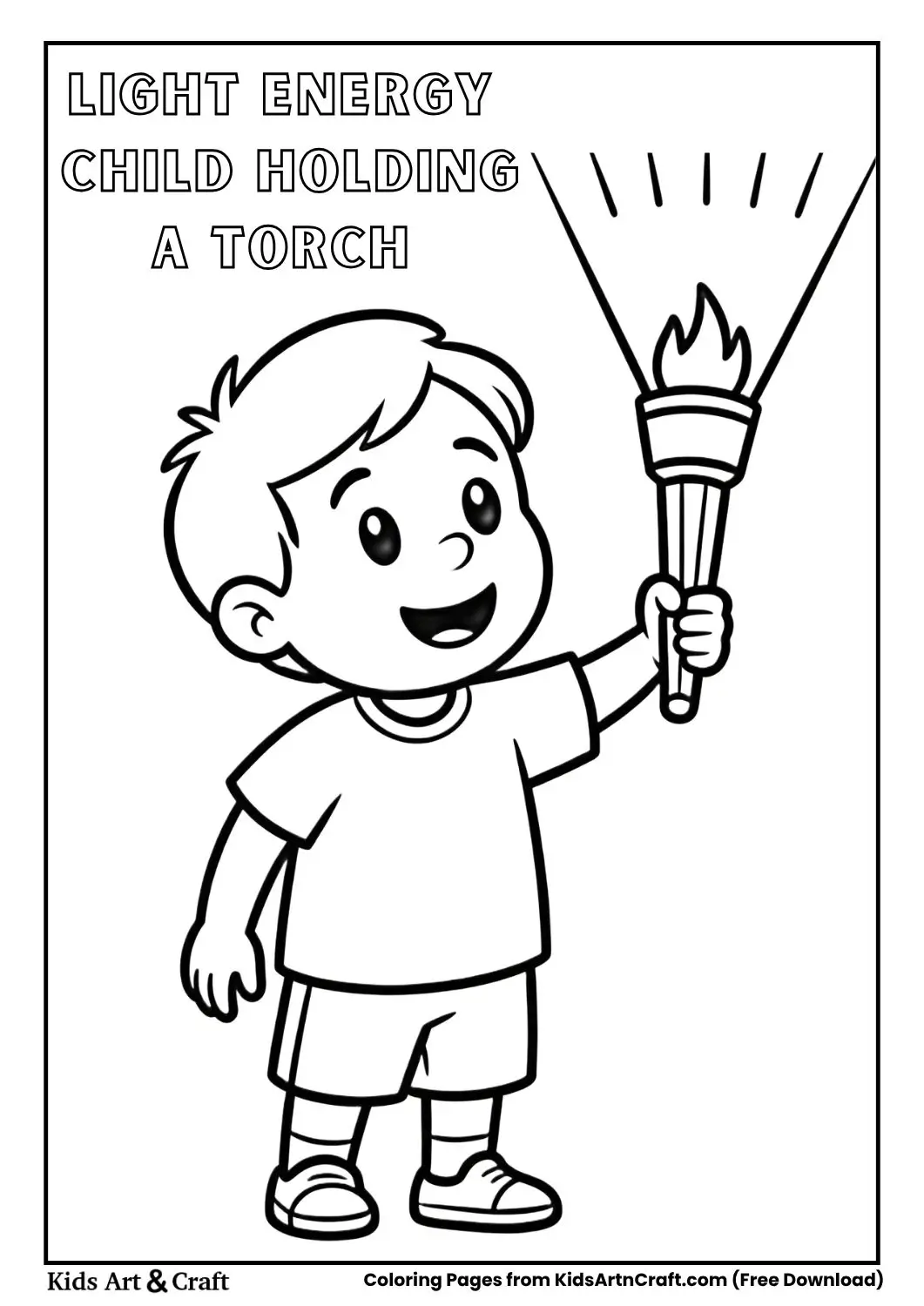 Child holding a torch in the dark with a clear light beam coloring page