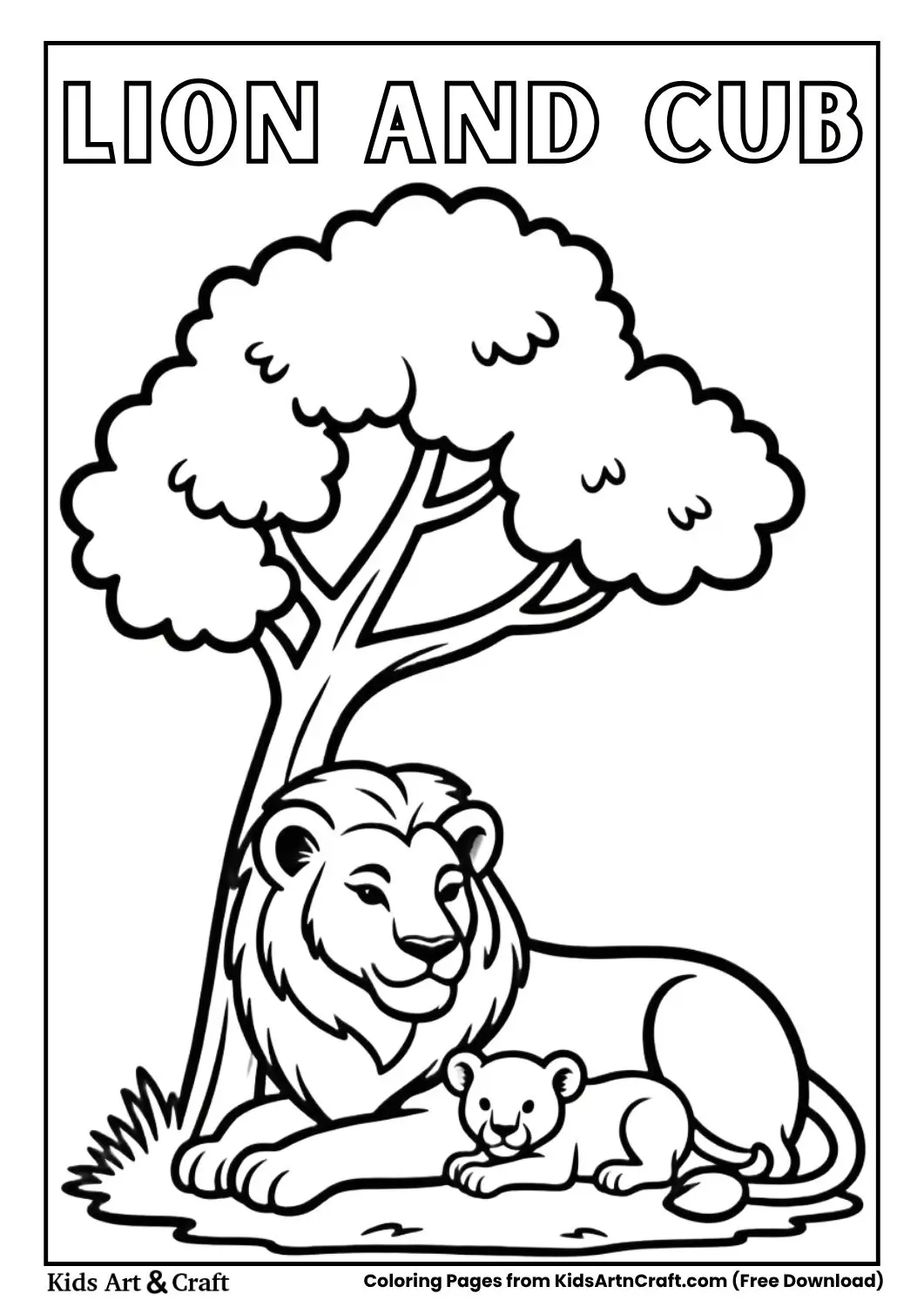 lion with cub under tree coloring page