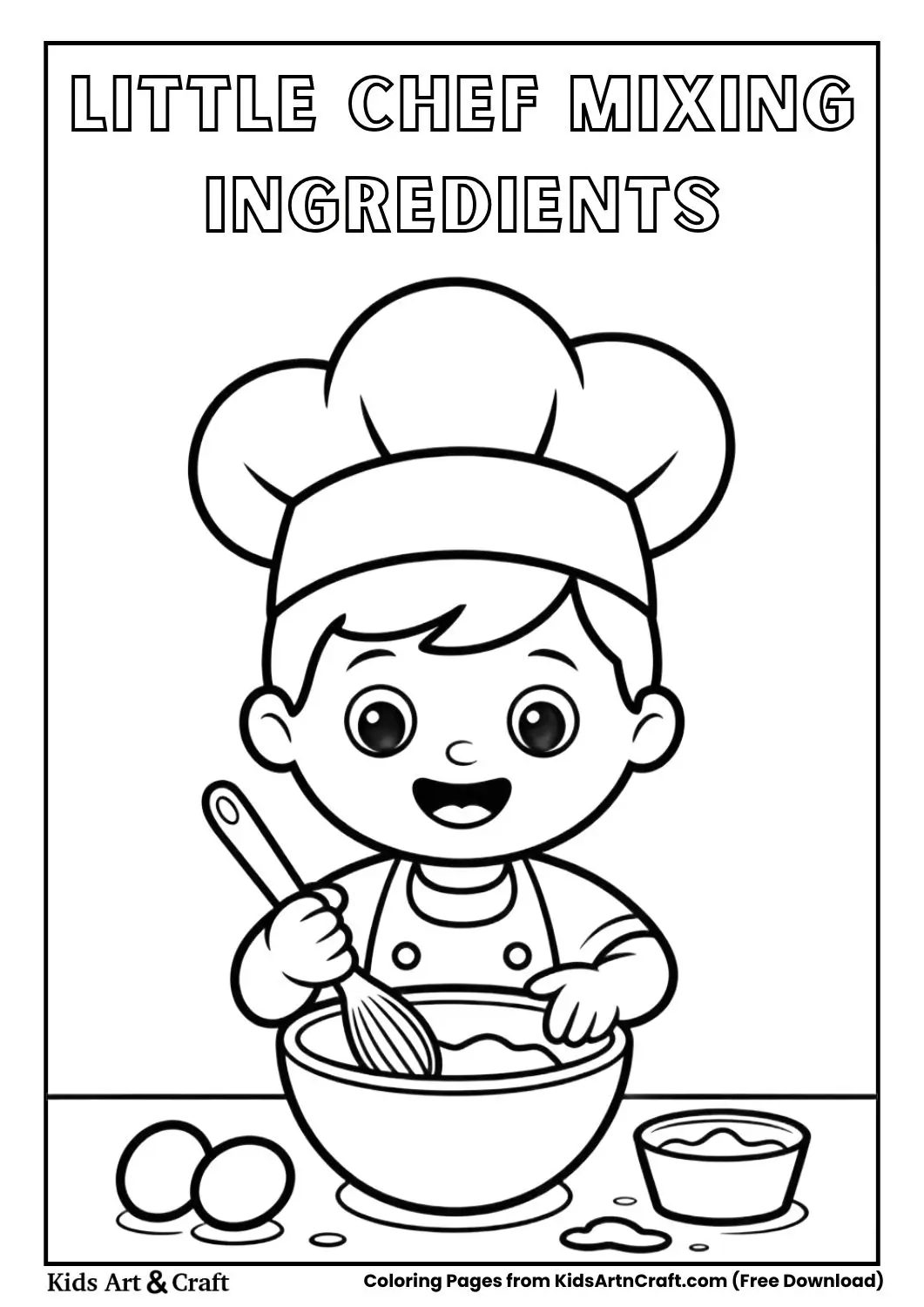 child chef mixing ingredients in bowl coloring page