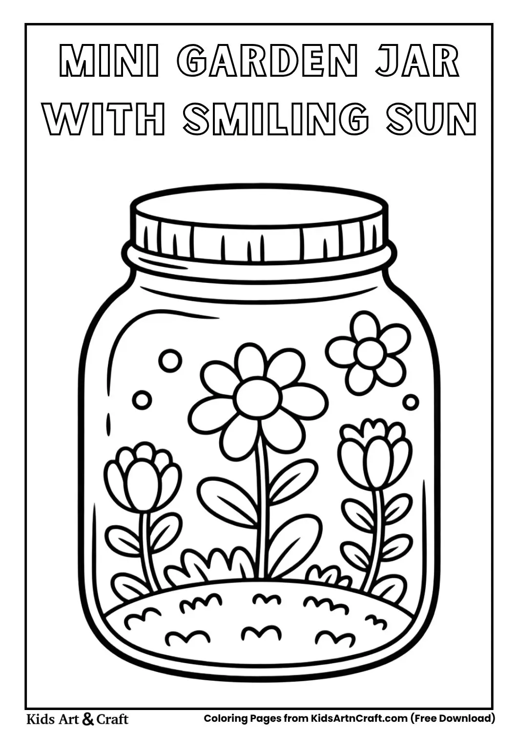small plant inside a jar with a smiling sun above black and white coloring page for kids