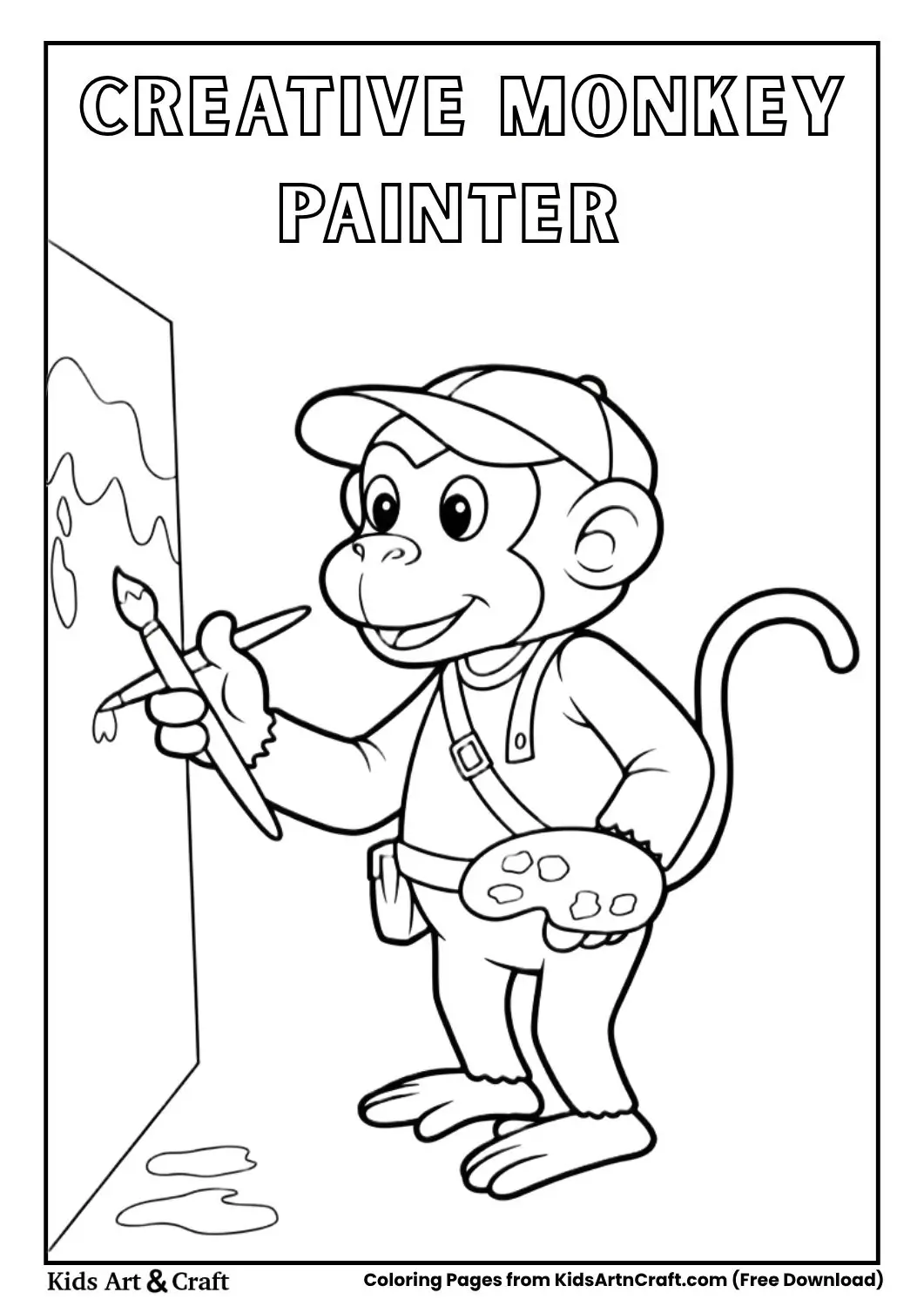 Monkey painter painting wall coloring page