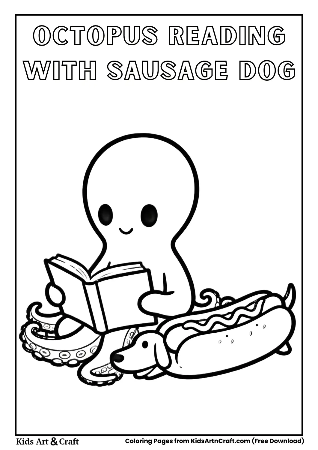 Octopus reading book with sausage dog beside him coloring page